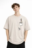 Panda - Baskılı Oversize Tişört BEJ thumbnail 3