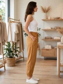 Kadın Taba Keten Jogger Pantolon thumbnail 2