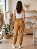 Kadın Taba Keten Jogger Pantolon thumbnail 3
