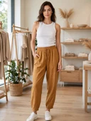 Kadın Taba Keten Jogger Pantolon thumbnail 1