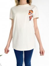 Kadın Ayıcık Baskılı Basic Tshirt Ekru thumbnail 3