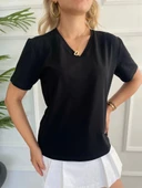 Kadın V Yaka Basic Tshirt Siyah thumbnail 3