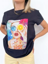 Kadın Baskılı Basic Siyah Tshirt thumbnail 4