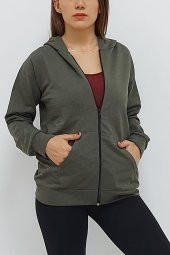 Kapüşonlu Fermuarlı Sweatshirt Haki thumbnail 1