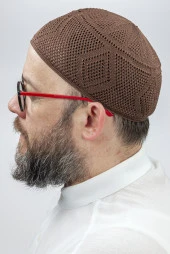 İlmek Dantel Örme Namaz Takkesi - Kahverengi thumbnail 3
