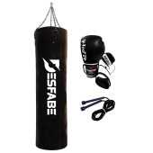 Desfabe Boxing Star 120x32 Cm Zincirli Boks Kum Torbası Siyah+Atlama İpi+Boks Eldiveni thumbnail 2