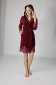 Siyah Dantelli Bambo Cotton  Kadife Bayan Sabahlık thumbnail 5