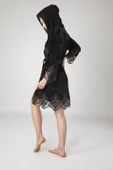 Siyah Dantelli Bambo Cotton  Kadife Bayan Sabahlık thumbnail 2