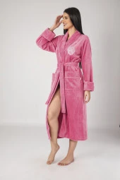 Pembe Nakışlı Bambu Cotton Bayan Bornozu thumbnail 1