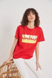 Kadın  Kırmızı Baskılı T-shirt thumbnail 3