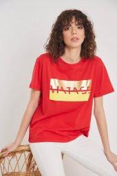 Kadın  Kırmızı Baskılı T-shirt thumbnail 4