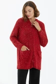 Kapüşonlu Fermuarlı Pullu Triko Hırka - Kırmızı thumbnail 3