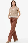 V Yaka Desenli Triko Süveter - Açık Bej thumbnail 2