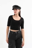 Yarım Kol Fitilli Crop Top Siyah thumbnail 7