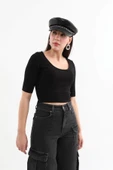 Yarım Kol Fitilli Crop Top Siyah thumbnail 4