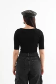 Yarım Kol Fitilli Crop Top Siyah thumbnail 8