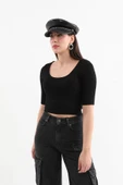 Yarım Kol Fitilli Crop Top Siyah thumbnail 5