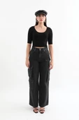 Yarım Kol Fitilli Crop Top Siyah thumbnail 3