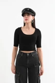 Yarım Kol Fitilli Crop Top Siyah thumbnail 2