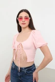 İp Bağlama Detaylı Balon Kol Bluz Pembe thumbnail 3