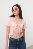 İp Bağlama Detaylı Balon Kol Bluz Pembe thumbnail 1
