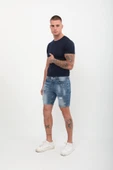 Erkek Boyalı Jean Kısa Şort Mavi thumbnail 4