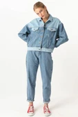 Kadın Renk Bloklu Oversize Jean Ceket Mavi thumbnail 6