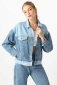 Kadın Renk Bloklu Oversize Jean Ceket Mavi thumbnail 5