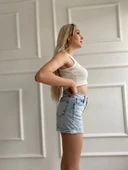 Kadın Taş Detaylı Duble Paça Şort Mavi thumbnail 4