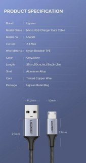 Ugreen 2.4A USB to Mikro Usb Kablo 100Cm thumbnail 3