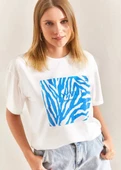 Baskılı Basic Bisiklet Yaka Örme T-Shirt Önü Mavi thumbnail 3