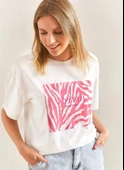 Baskılı Basic Bisiklet Yaka Örme T-Shirt Önü Pembe thumbnail 2