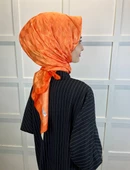Hint İpek Dama Desenli Monogram Eşarp 00677  ORANGE thumbnail 2
