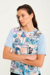 Kadın Baskılı Mavi Kısa Kollu Triko Örme Bluz thumbnail 1