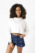 Basic Ekru Kapüşonlu Crop Sweatshirt thumbnail 4
