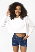 Basic Ekru Kapüşonlu Crop Sweatshirt thumbnail 3