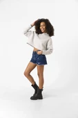 Basic Gri Kapüşonlu Crop Sweatshirt thumbnail 4