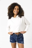 Basic Ekru Kapüşonlu Crop Sweatshirt thumbnail 2