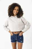 Basic Kırçıllı Gri Kapüşonlu Crop Sweatshirt thumbnail 1
