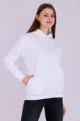 Beyaz Basic Oversize Kadın Kapüşonlu Hoodie 3 iplik Sweatshirt thumbnail 2