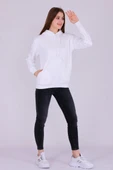 Beyaz Basic Oversize Kadın Kapüşonlu Hoodie 3 iplik Sweatshirt thumbnail 6