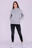 Gri Basic Oversize Kadın Kapüşonlu Hoodie 3 iplik Sweatshirt thumbnail 2
