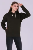 Haki Basic Oversize Kadın Kapüşonlu Hoodie 3 iplik Sweatshirt thumbnail 3