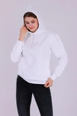 Beyaz Basic Oversize Kadın Kapüşonlu Hoodie 3 iplik Sweatshirt thumbnail 3