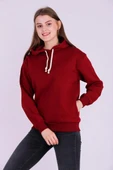 Bordo Basic Oversize Kadın Kapüşonlu Hoodie 3 iplik Sweatshirt thumbnail 5