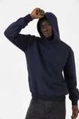 Lacivert Basic Oversize Erkek Kapüşonlu Hoodie 3 iplik Sweatshirt thumbnail 7