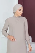 Boncuk Detaylı Ferace Elbise 692-Bej thumbnail 3