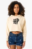HP Logo Bej Kadın Crop Kapşonlu thumbnail 1