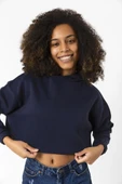 Basic Lacivert Kapüşonlu Crop Sweatshirt thumbnail 1