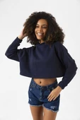 Basic Lacivert Kapüşonlu Crop Sweatshirt thumbnail 2